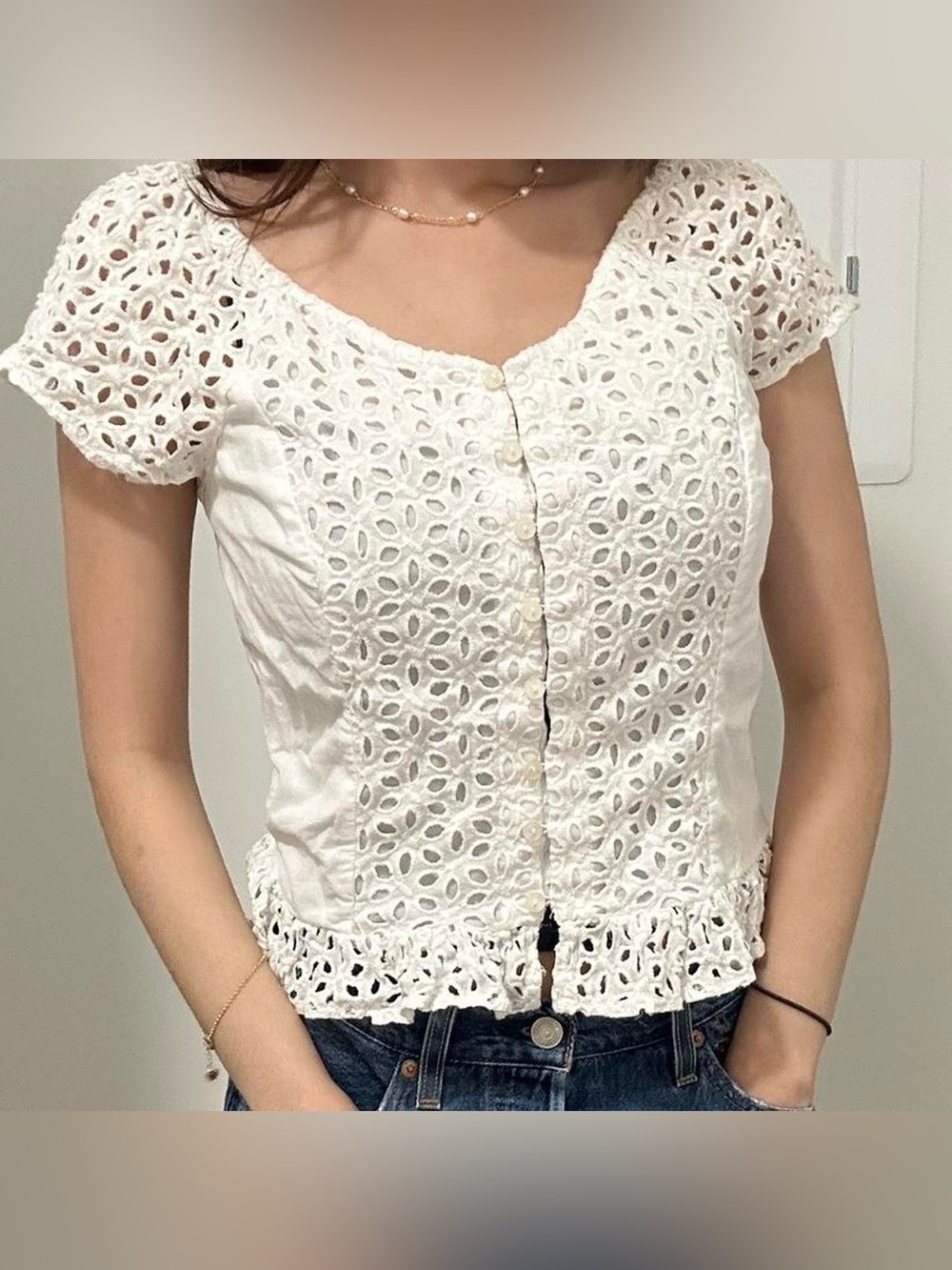 Japna White Eyelet Lace Buttoned Short-Sleeve Top